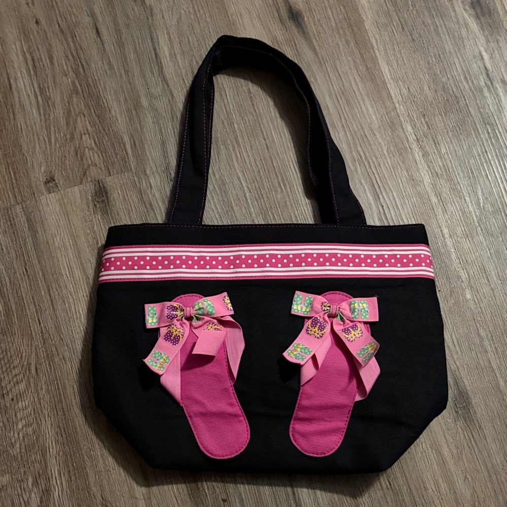 Pink and Black Tote Bag with Ribbon Flip Flops.